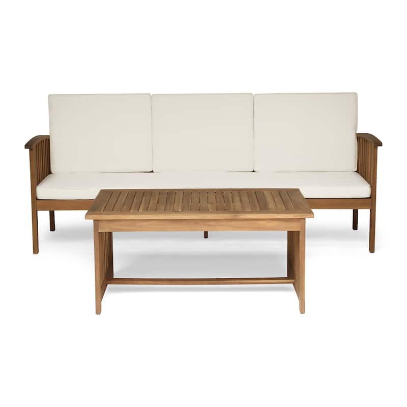 Carolina Outdoor Acacia Sofa and Coffee Table Set by Christopher Knight Home - Teak Finish + Cream Cushion