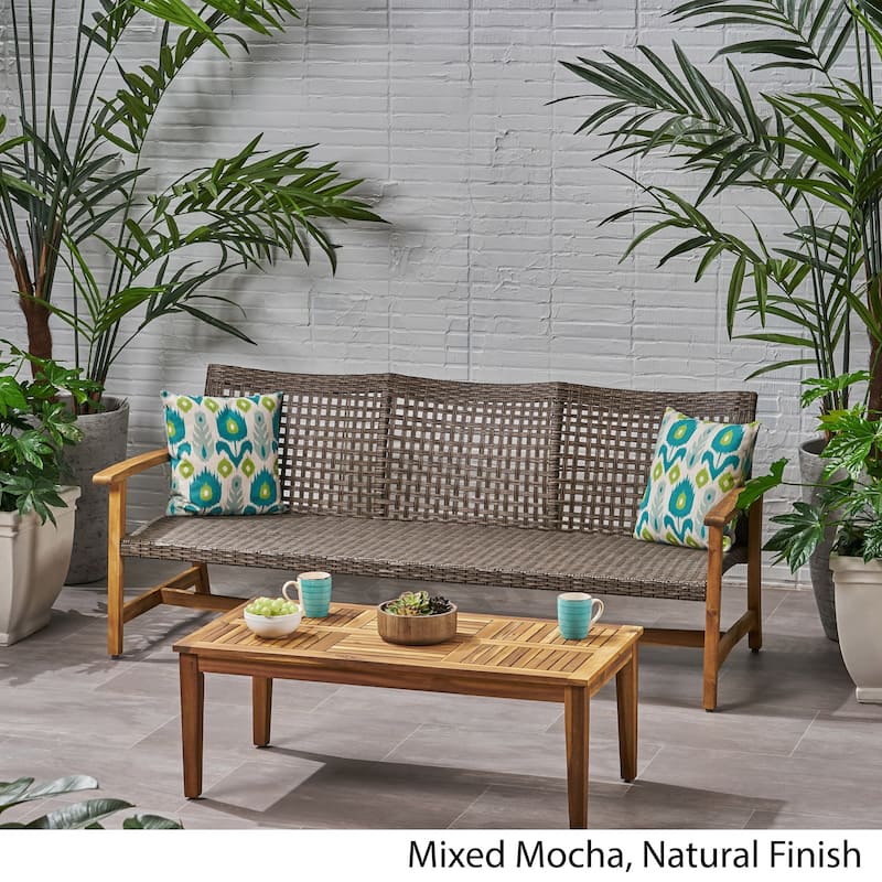 Hampton Outdoor Wood and Wicker Sofa and Coffee Table Set by Christopher Knight Home