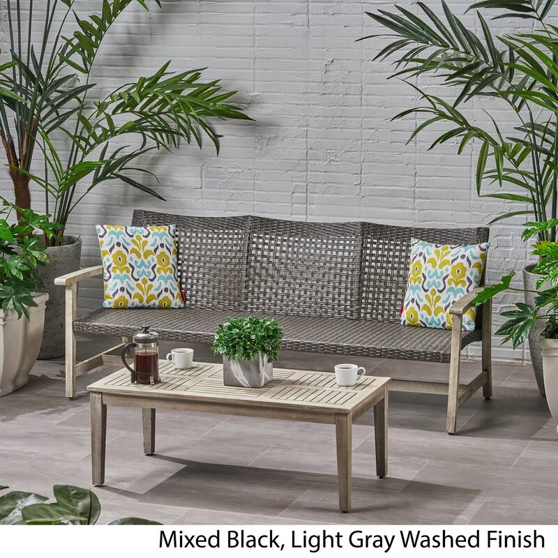 Hampton Outdoor Wood and Wicker Sofa and Coffee Table Set by Christopher Knight Home