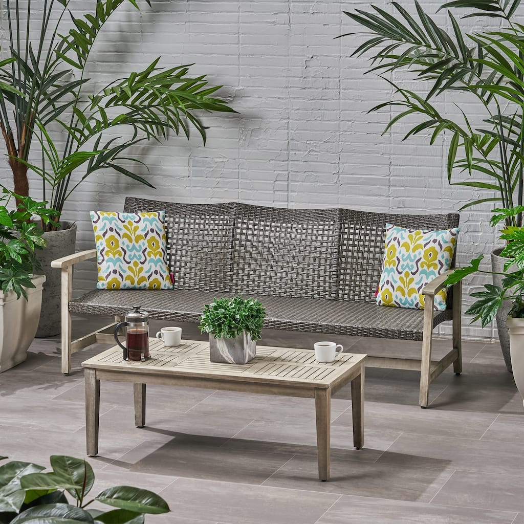 Hampton Outdoor Wood and Wicker Sofa and Coffee Table Set by Christopher Knight Home