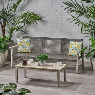 Hampton Outdoor Wood and Wicker Sofa and Coffee Table Set by Christopher Knight Home
