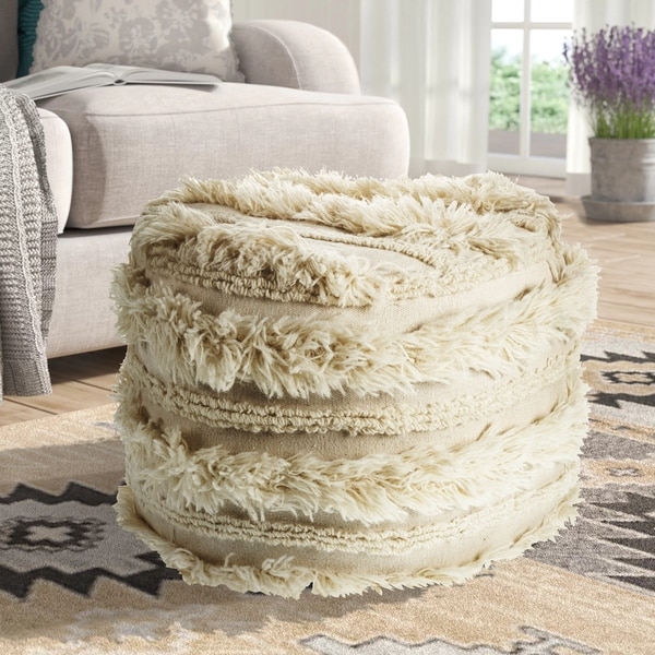 LR Home Fluffy Shaggy Faux Ivory Pouf Ottoman - Overstock - 26399841