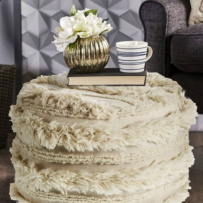 Sevita Fluffy Shaggy Faux Ivory Pouf Ottoman