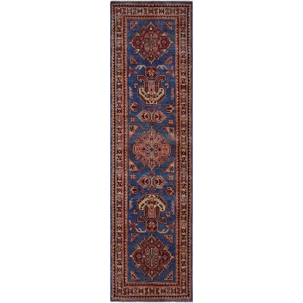 Super Kazak Slyvia Blue/Ivory Hand-knotted Wool Rug - 2'7 x 6'4 - 2'7" x 6'4"