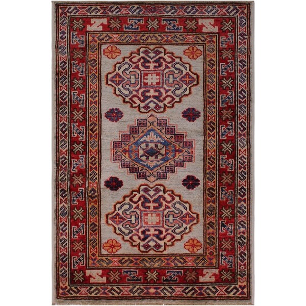 Super Kazak Shelby Gray/Ivory Hand-knotted Wool Rug - 2'0 x 3'2 - 2'0" x 3'2"