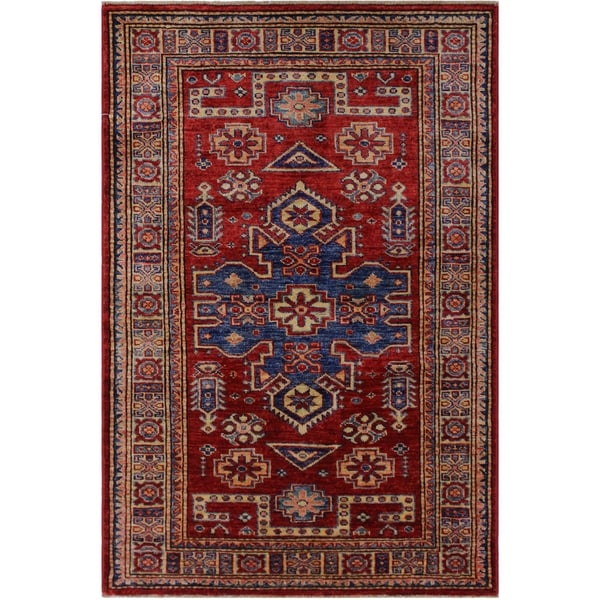 Super Kazak Cathey Red/Beige Hand-knotted Wool Rug - 2'7 x 4'1 - 2'7" x 4'1"