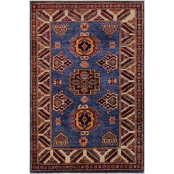 Super Kazak Marlene Lt. Blue/Ivory Hand-knotted Wool Rug - 2'6 x 3'6 - 2'6" x 3'6"