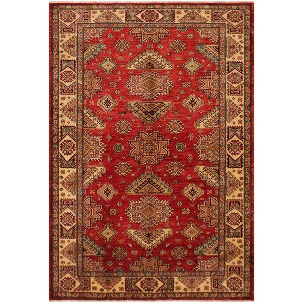 Super Kazak Lanora Red/Gold Hand-knotted Wool Rug - 5'9 x 7'10 - 5'9" x 7'10"
