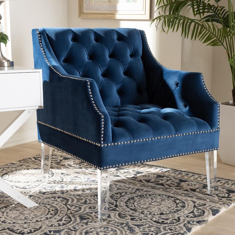 Contemporary Navy Velvet Fabric Upholstered Lounge Chair
