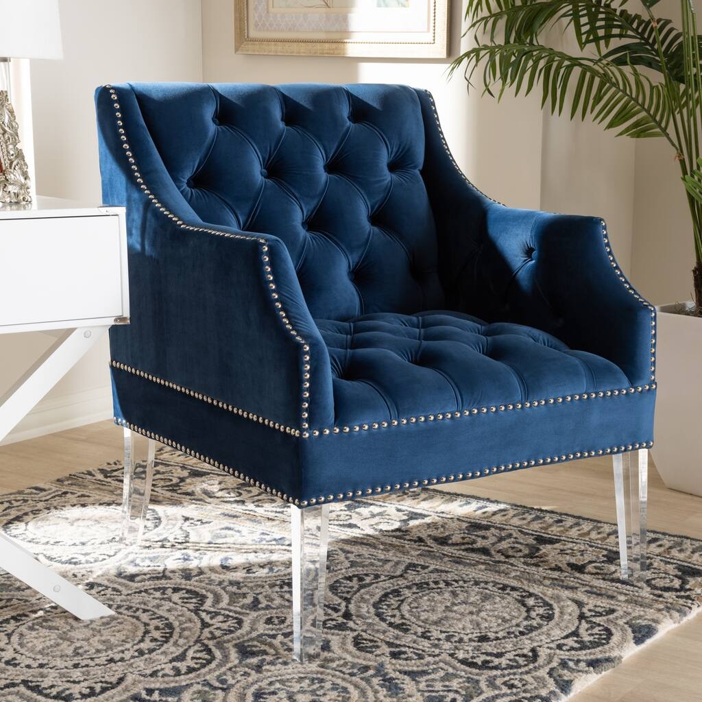 Contemporary Navy Velvet Fabric Upholstered Lounge Chair