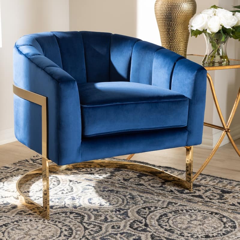 Glam Royal Blue Velvet Fabric Upholstered Lounge Chair