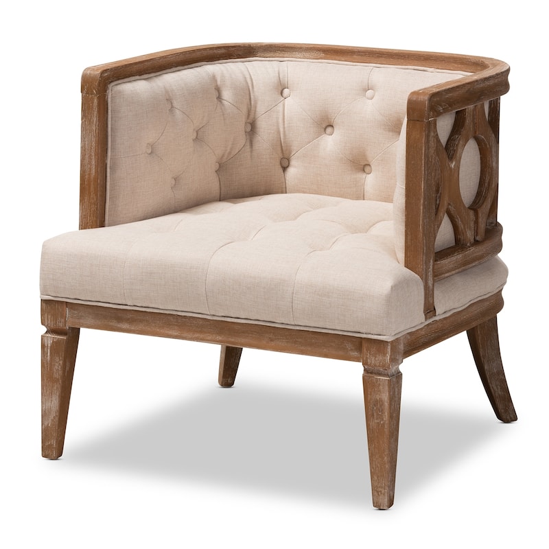 French Provincial Beige Linen Fabric Upholstered Accent Barrel Chair - Beige