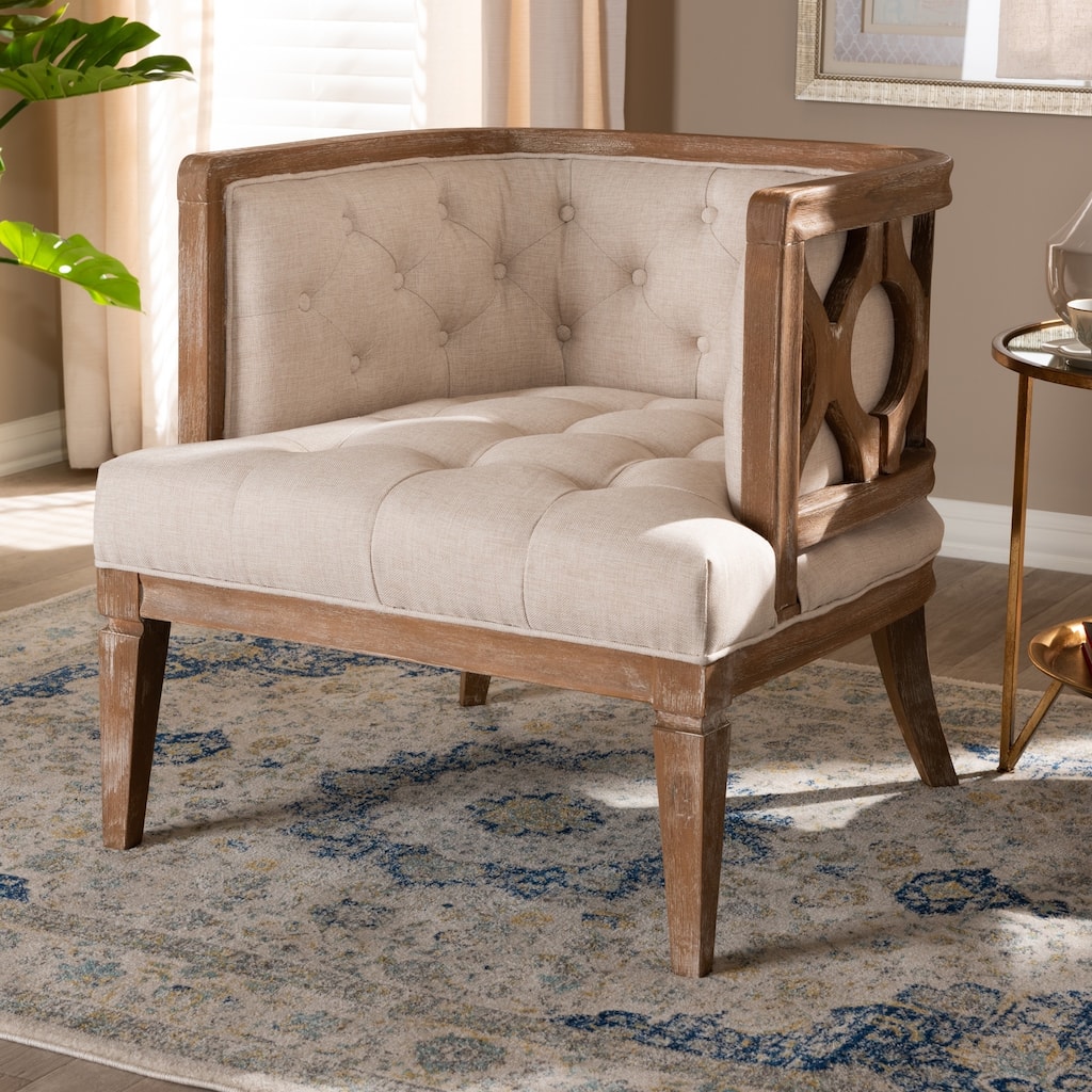 French Provincial Beige Linen Fabric Upholstered Accent Barrel Chair