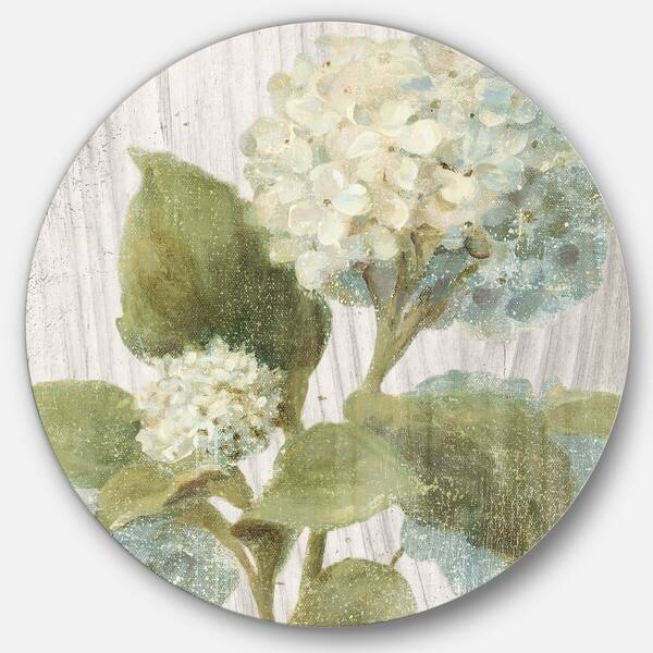 slide 1 of 5, Designart 'Goauche Green Flower II' Farmhouse Metal Circle Wall Art 11 x 11 - disc of 11 inch