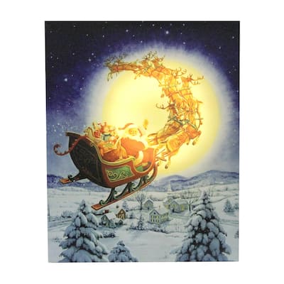 LED Back Lit Flying Santa Claus and Sleigh Christmas Wall Art 19.75" x 15.75"