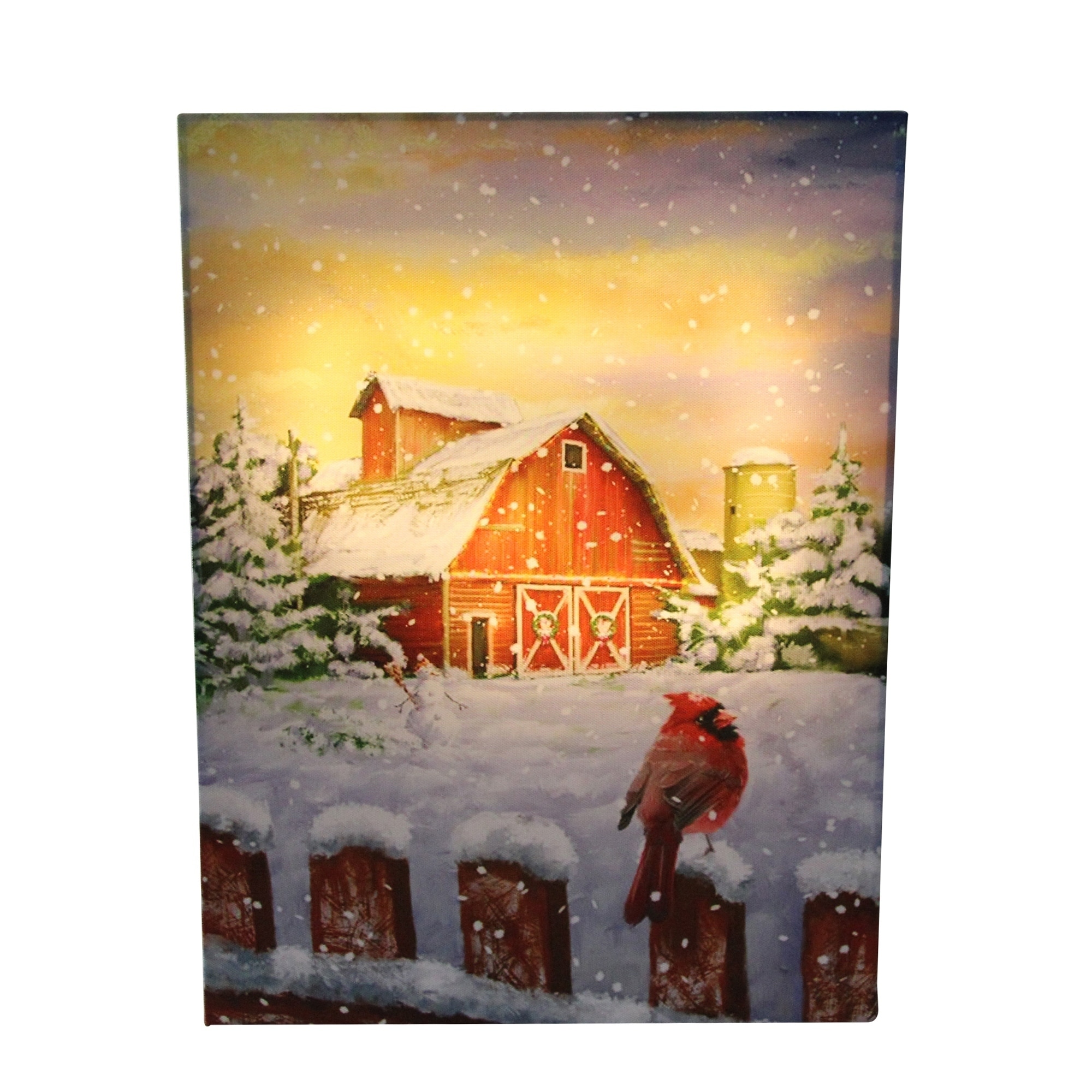 LED Back Lit Snowy Sunset Barn Scene Christmas Wall Art 15.75