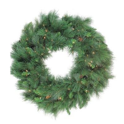 Pre-Lit White Valley Pine Artificial Christmas Wreath with Pinecones 36-Inch Clear Lights - 36"