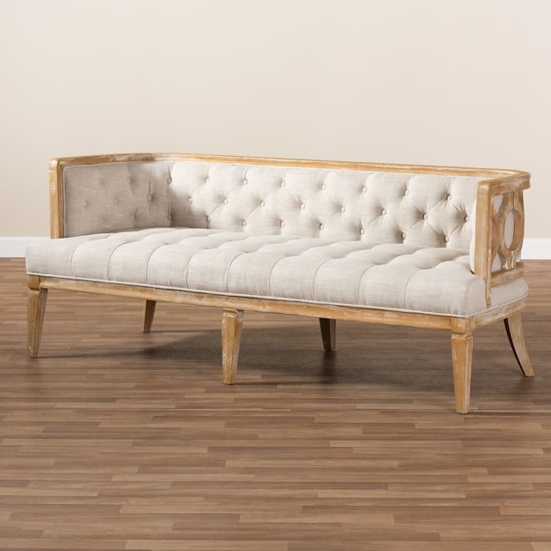 French Provincial Beige Linen Fabric Upholstered Sofa