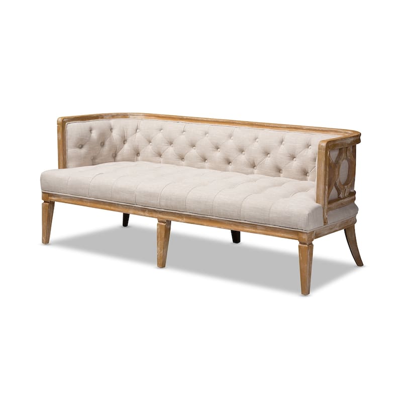 French Provincial Beige Linen Fabric Upholstered Sofa - N/A
