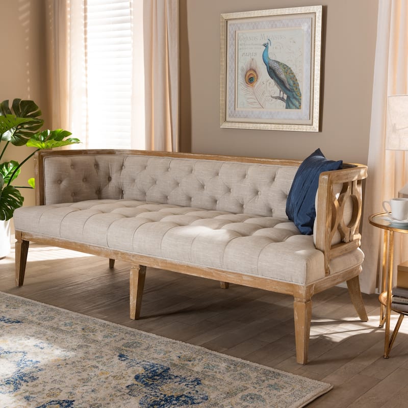 French Provincial Beige Linen Fabric Upholstered Sofa