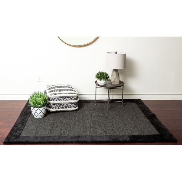 Black Solid Wool Bordered Dark Grey Wool Area Rug