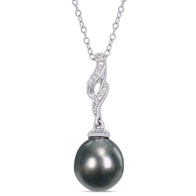 Miadora Sterling Silver Black Tahitian Cultured Pearl & Diamond Swirl Drop Necklace (9.5-10 mm)