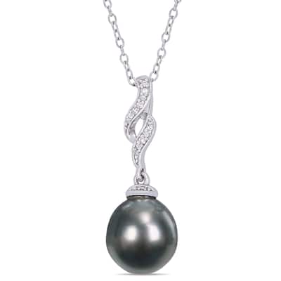 Miadora Sterling Silver Black Tahitian Cultured Pearl & Diamond Swirl Drop Necklace (9.5-10 mm)