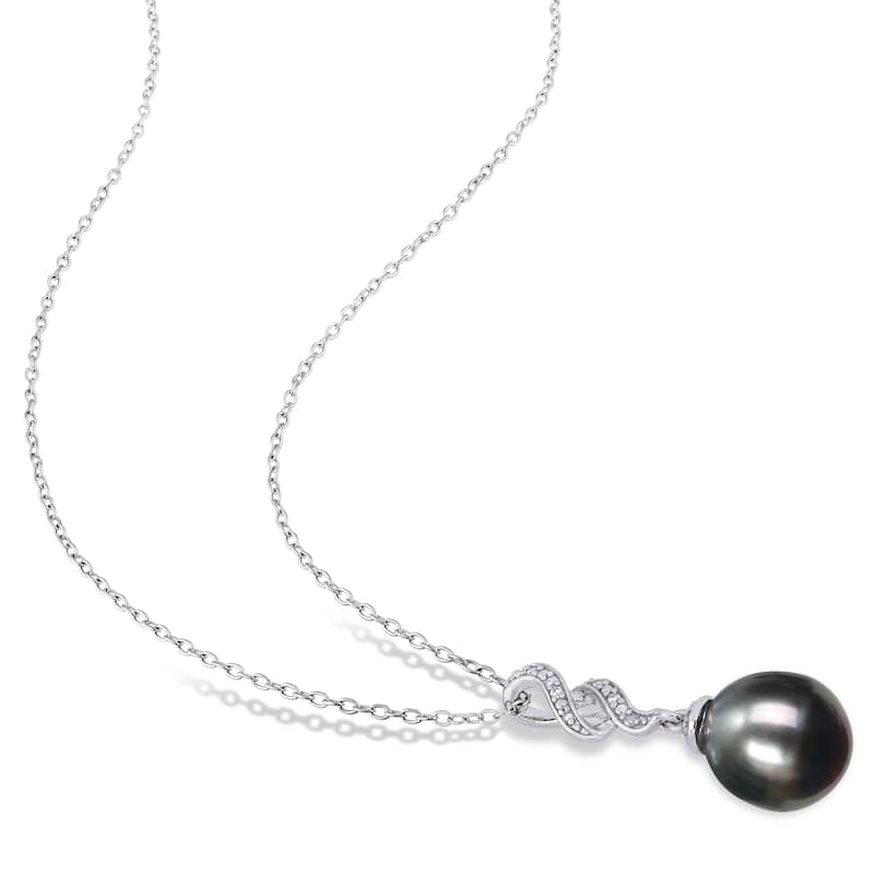 Miadora Sterling Silver Black Tahitian Cultured Pearl & Diamond Swirl Drop Necklace (9.5-10 mm)