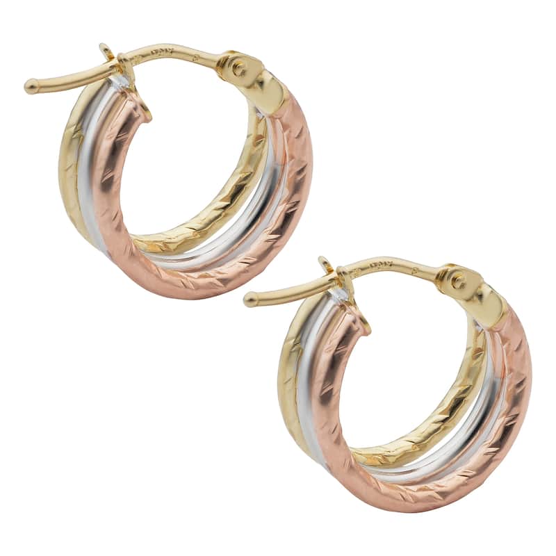 14k Tricolor Gold 1.5x10 millimeter Diamond Cut/Polished Triple Hoop Earrings