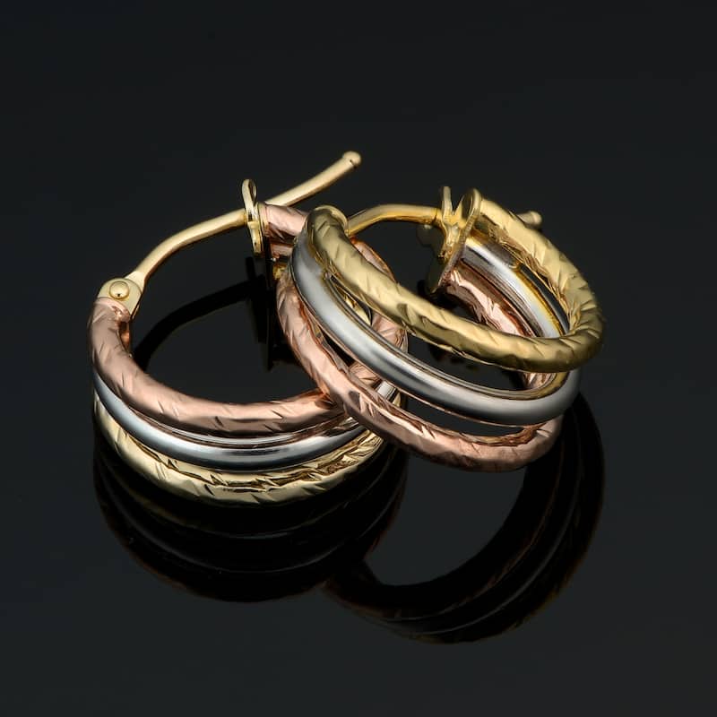 14k Tricolor Gold 1.5x10 millimeter Diamond Cut/Polished Triple Hoop Earrings