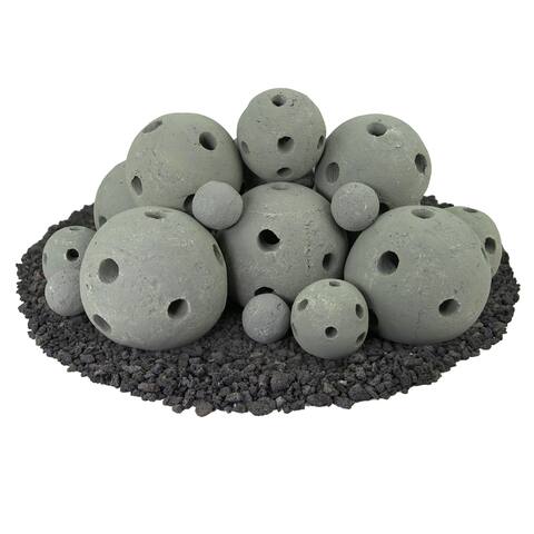 Hollow Ceramic Fire Balls Mixed Set of 23 Modern Accessory for Fire Pits or Fireplaces Brushed Concrete Look Pewter Gray