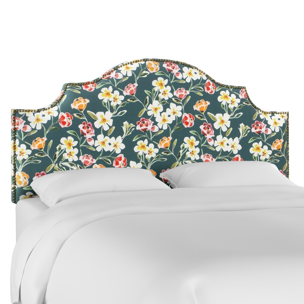 Skyline Furniture  Nail Button Notched Headboard in Summer Floral Green (Queen)