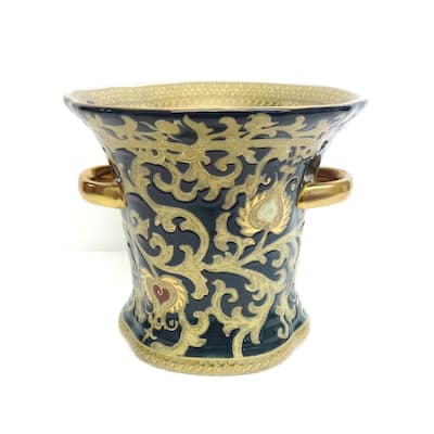 Green & Gold Scroll Porcelain Ring Vase w/ Handles