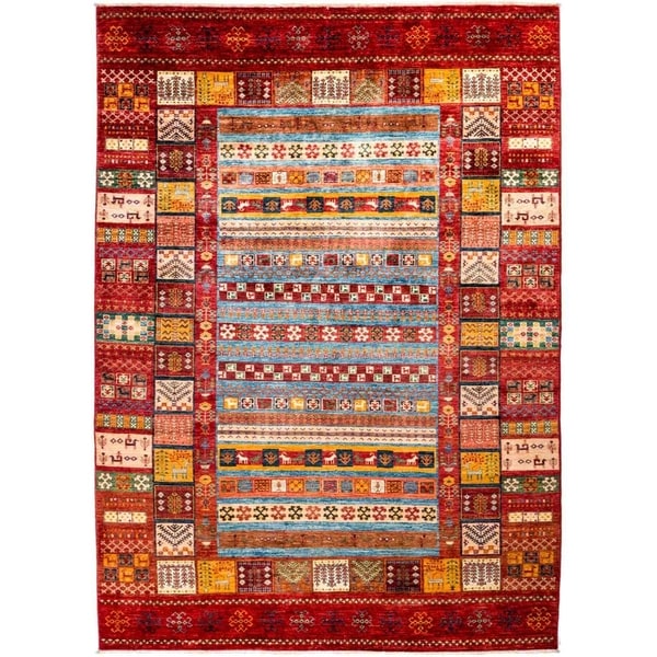 Tribal, Hand Knotted Area Rug - 6' 9" x 9' 6" - 6'9" x 9'6"
