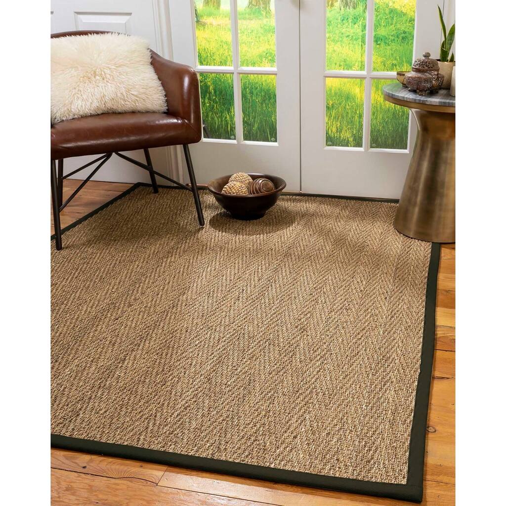 Natural Area Rugs, 100% Natural Fiber Handmade Beach, Natural Seagrass Rug 8' Square, Moss Border - 8' x 8' Square