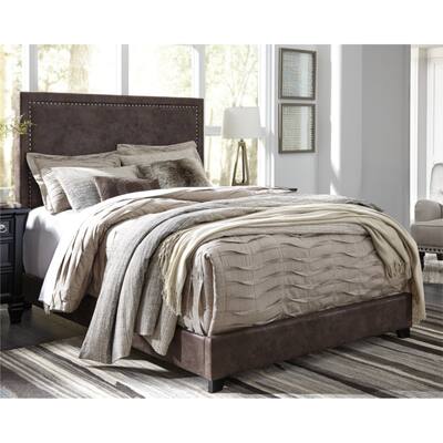 Dolante Queen Brown Faux Leather Bed w/ Goldtone Nailheads