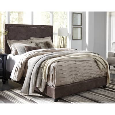 Dolante Queen Brown Faux Leather Bed w/ Goldtone Nailheads