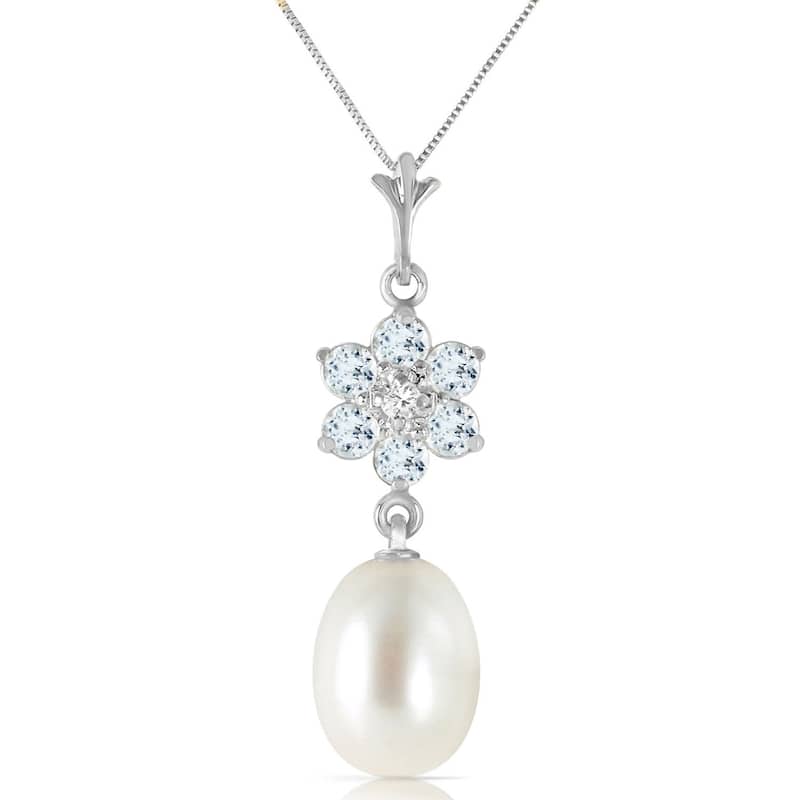4.53 Carat 14K Solid White Gold Necklace Natural pearl, Aquamarine Diamond