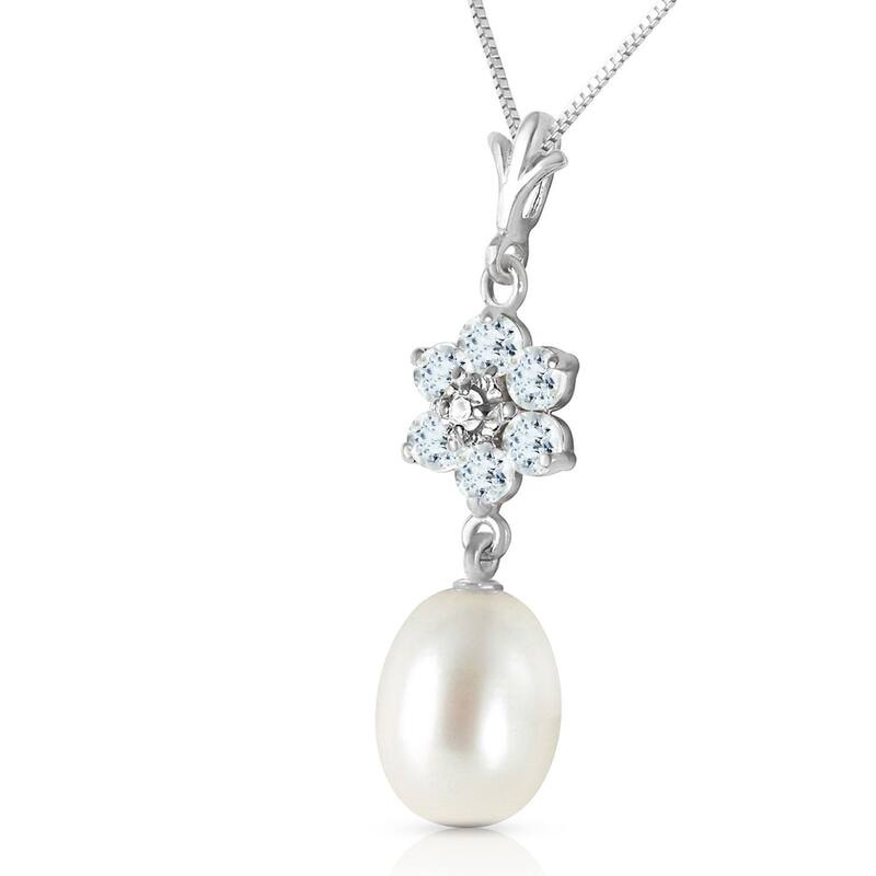 4.53 Carat 14K Solid White Gold Necklace Natural pearl, Aquamarine Diamond