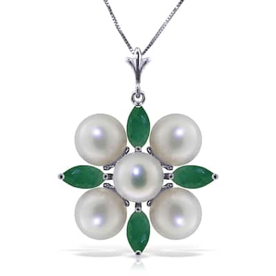 6.3 Carat 14K Solid White Gold This Is Perfect Emerald pearl Necklace