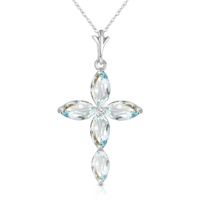 14K Solid White Gold Necklace with Natural Diamond & Aquamarines