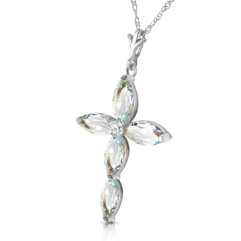 14K Solid White Gold Necklace with Natural Diamond & Aquamarines