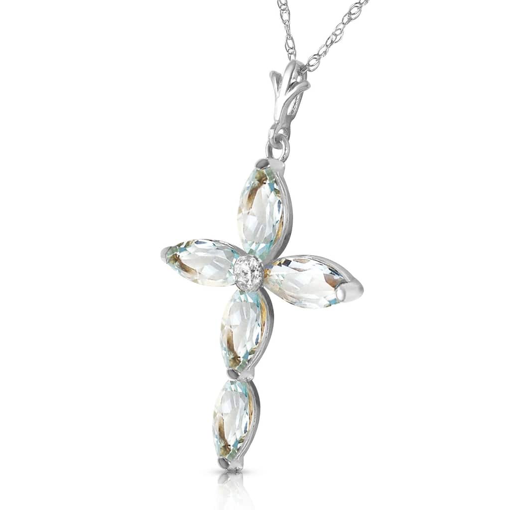 14K Solid White Gold Necklace with Natural Diamond & Aquamarines
