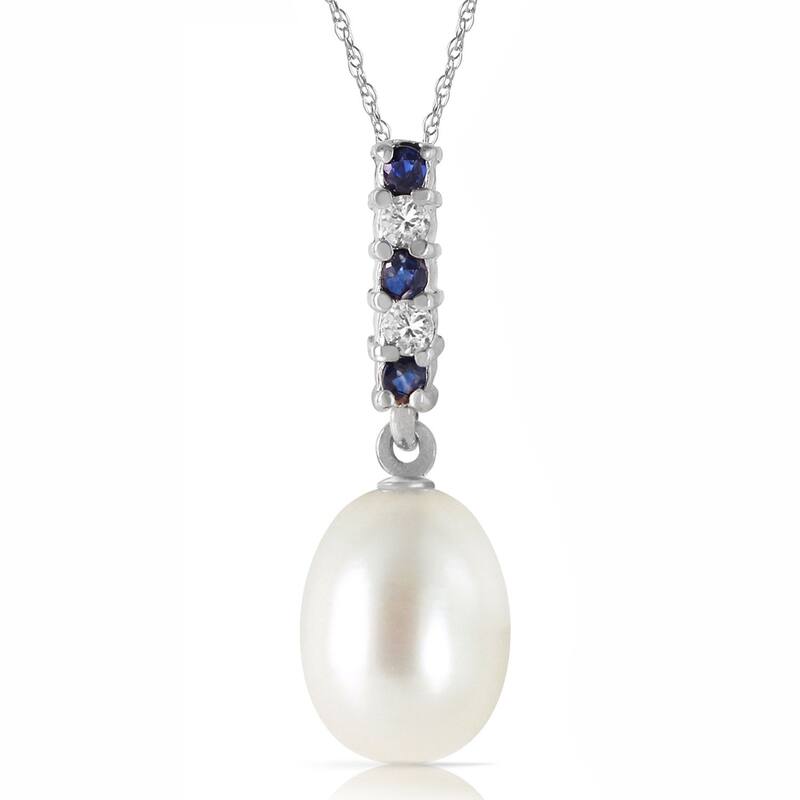 4.15 CTW 14K Solid White Gold Necklace Diamond, Sapphire Briolette pearl