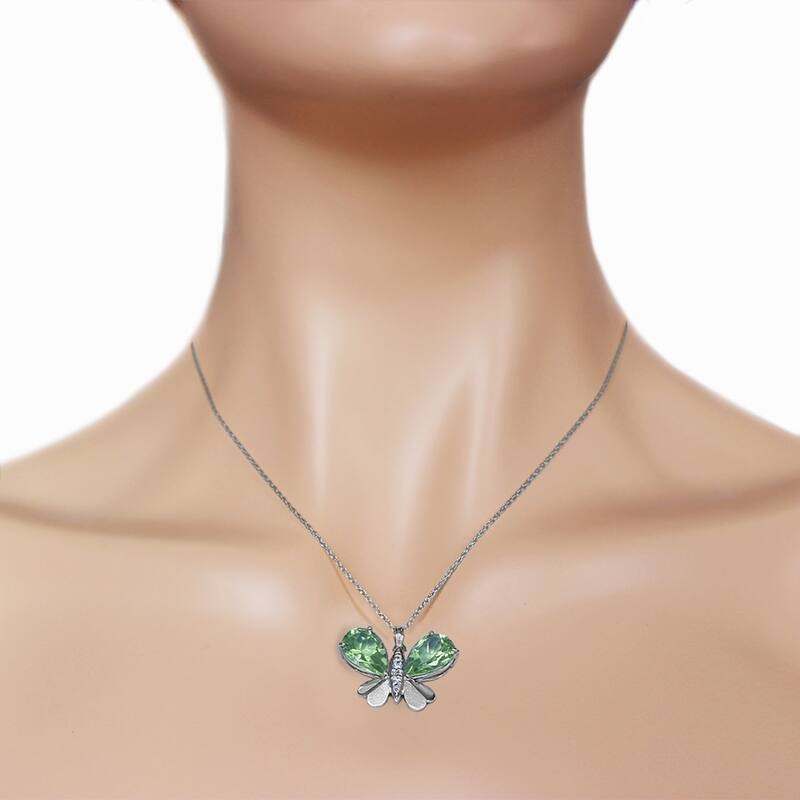 14K Solid White Gold Batterfly Necklace with Natural Diamonds & Green Amethysts