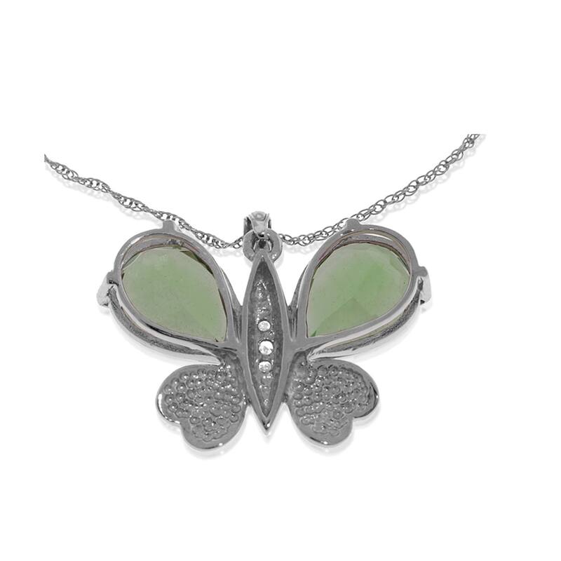 14K Solid White Gold Batterfly Necklace with Natural Diamonds & Green Amethysts