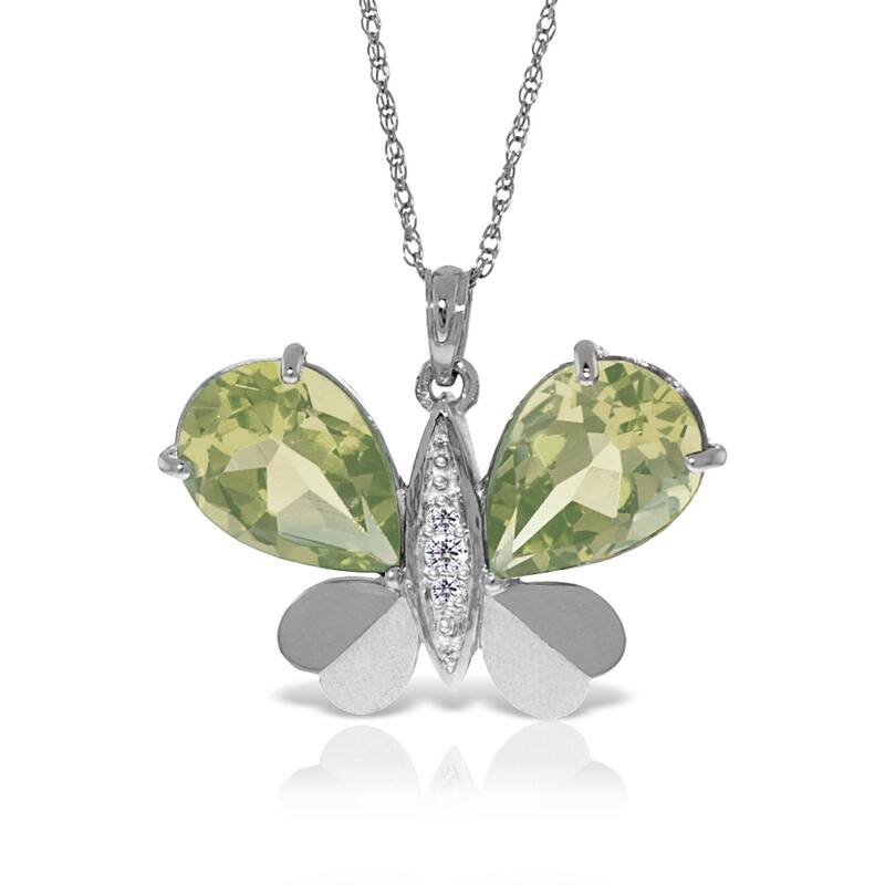 14K Solid White Gold Batterfly Necklace with Natural Diamonds & Green Amethysts