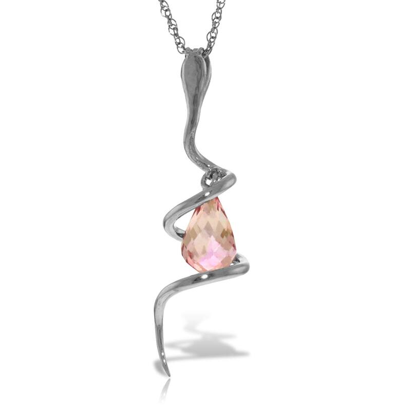 14K Solid White Gold Snake Necklace with Dangling Briolette Pink Topaz & Diamond