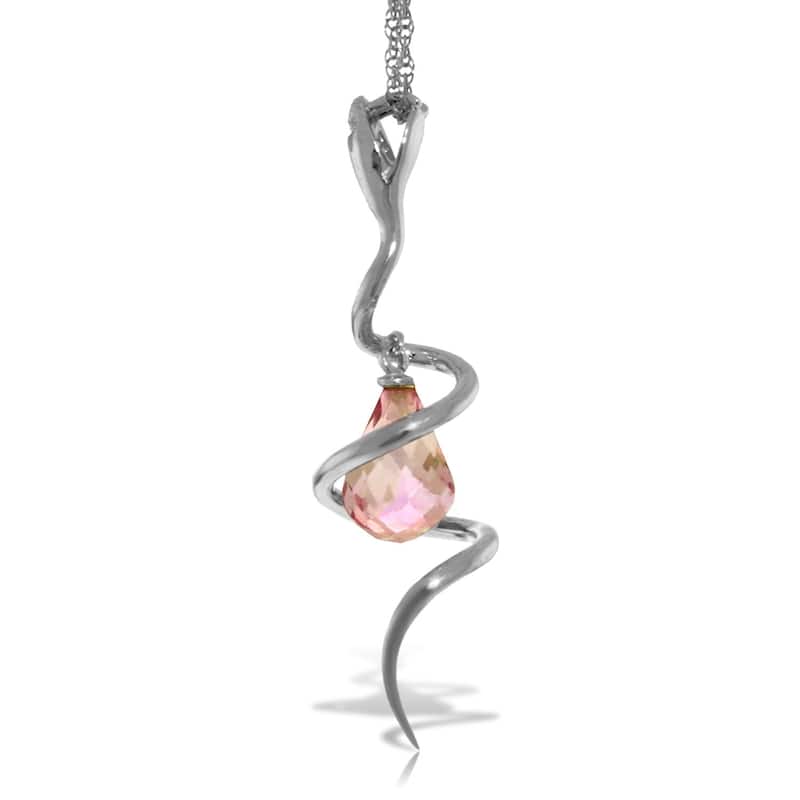 14K Solid White Gold Snake Necklace with Dangling Briolette Pink Topaz & Diamond