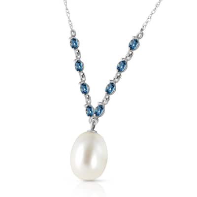 5 Carat 14K Solid White Gold Necklace Natural Blue Topaz pearl